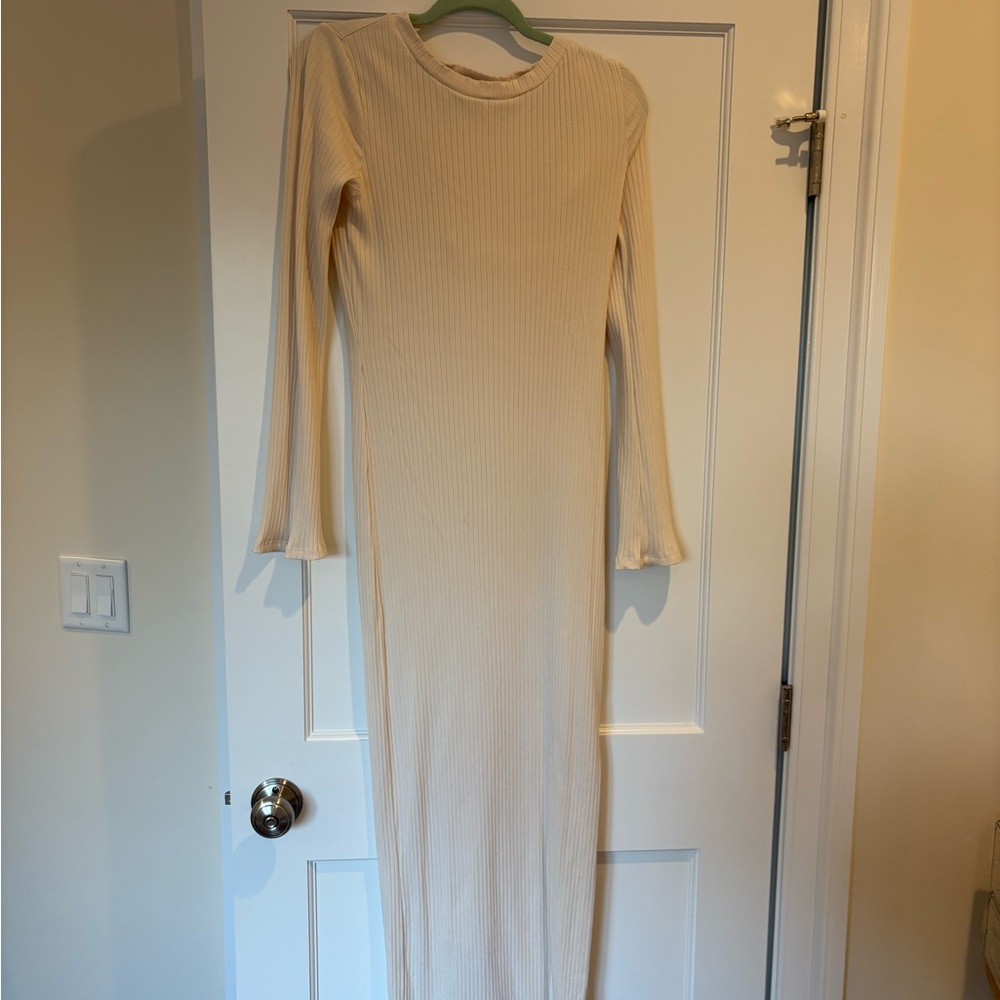 Long Cream Ribbed Dress